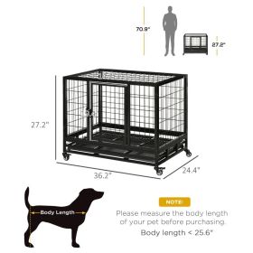 PawHut Heavy Duty Dog Crate With Removable Tray, Lockable Wheels And Double Door, For Medium And Large Dogs, Black (Option: Black)